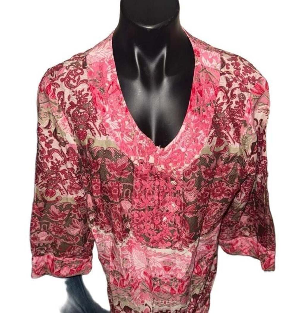 Style & Co Pink Floral Beaded V-Neck 3/4 Sleeve Tunic Blouse